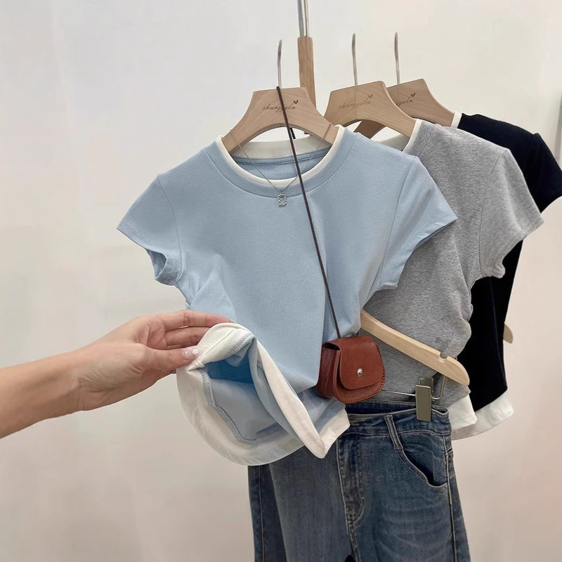 2025 New Fake Two-piece Contrast Color Stitching Crewneck Shoulder Short-sleeved T-shirt Pleated Waist Spice Girl Short Top