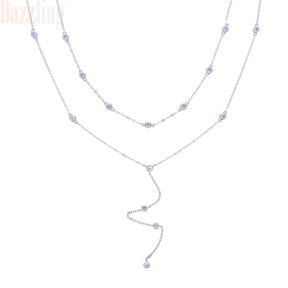 Women’s Round Zircon Double Chain Pendant Necklace Simple Versatile_voghion.com