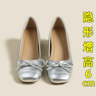 法式玛丽珍银色单鞋女2025新款粗跟配裙子奶奶鞋内增高33小码瓢鞋