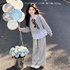 甜美简约女中童2026春秋季新款休闲风纯色阔腿裤时尚翻领卫衣套装