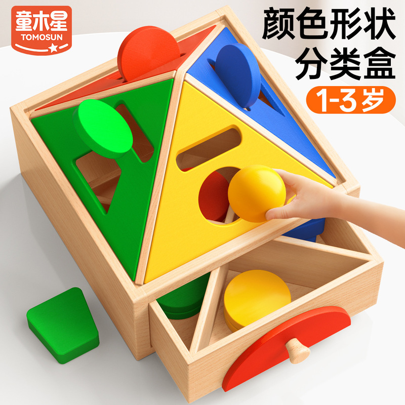 Montessori Color Recognition Sorting Box for 1-2 Year Old Babies, Shape Coin Box, Children's Educational Building Blocks, Matching Wooden Toys