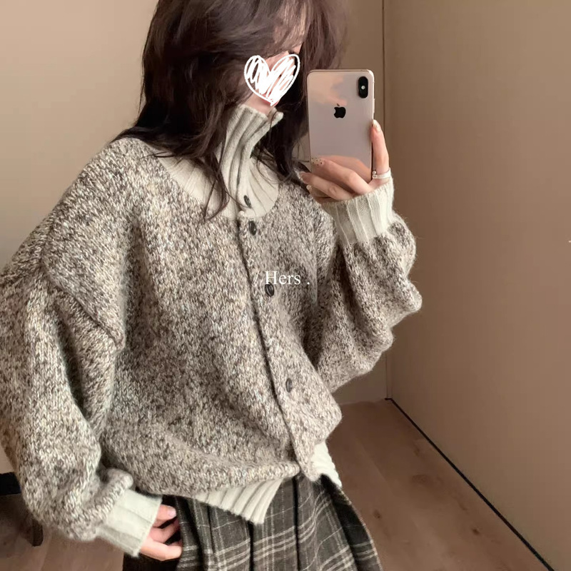Her One-Scoop Collar Color-Blocked Button Sweater for Women 2025 Winter Casual Knitwear Jacket