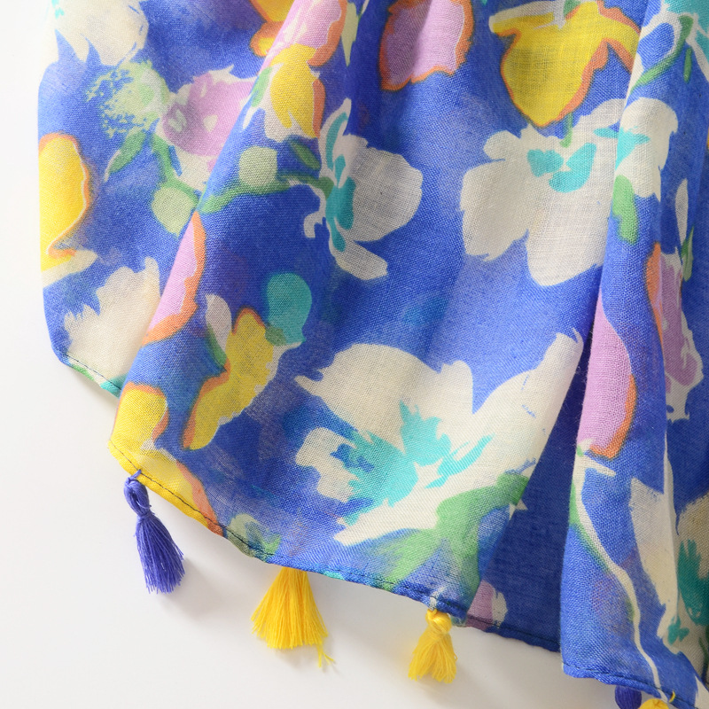Estilo coreano elegante viaje protector solar Toalla de playa azul floral impreso bufanda larga borla bufanda grande chal exterior