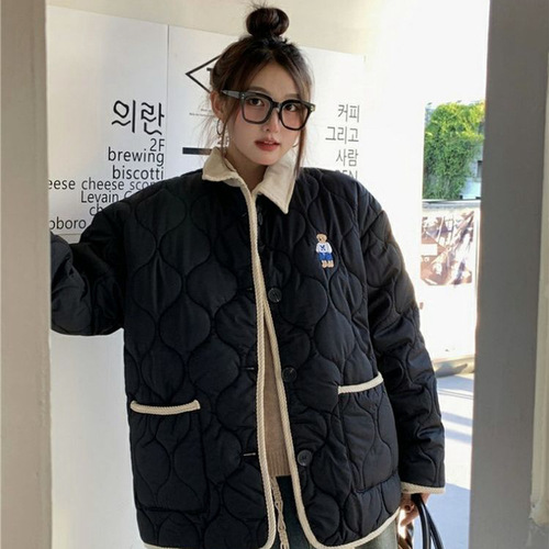 Small Bear Embroidery Polo Collar Check Cotton Coat Cotton Outwear Women Winter Design Sense Loose Fleece Thick Cotton Padded Jacket