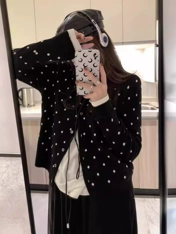 Кардиган демисезон oversized, западный стиль, один размер, вязаный в горошек