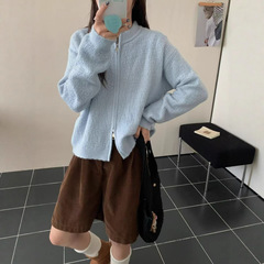 2025秋冬新款双拉链纯色针织开衫女韩版软糯宽松温柔风毛衣外套潮