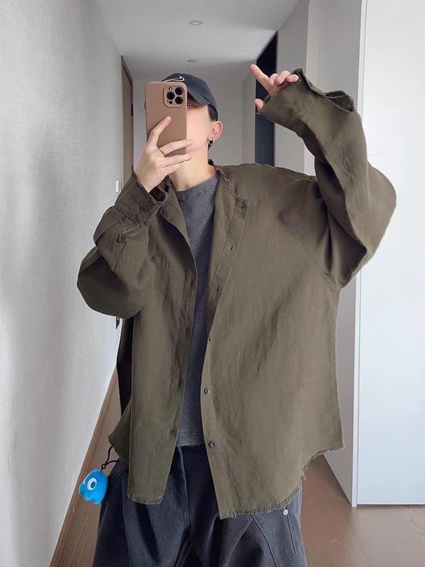 老钱风复古毛边亚麻衬衫男夏季薄款高级感慵懒风长袖衬衣防晒外套|undefined