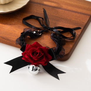 Dark Lolita Black Bow Rose Flower Bell Necklace Lace Neck Chain Clavicle Chain Choker for Women