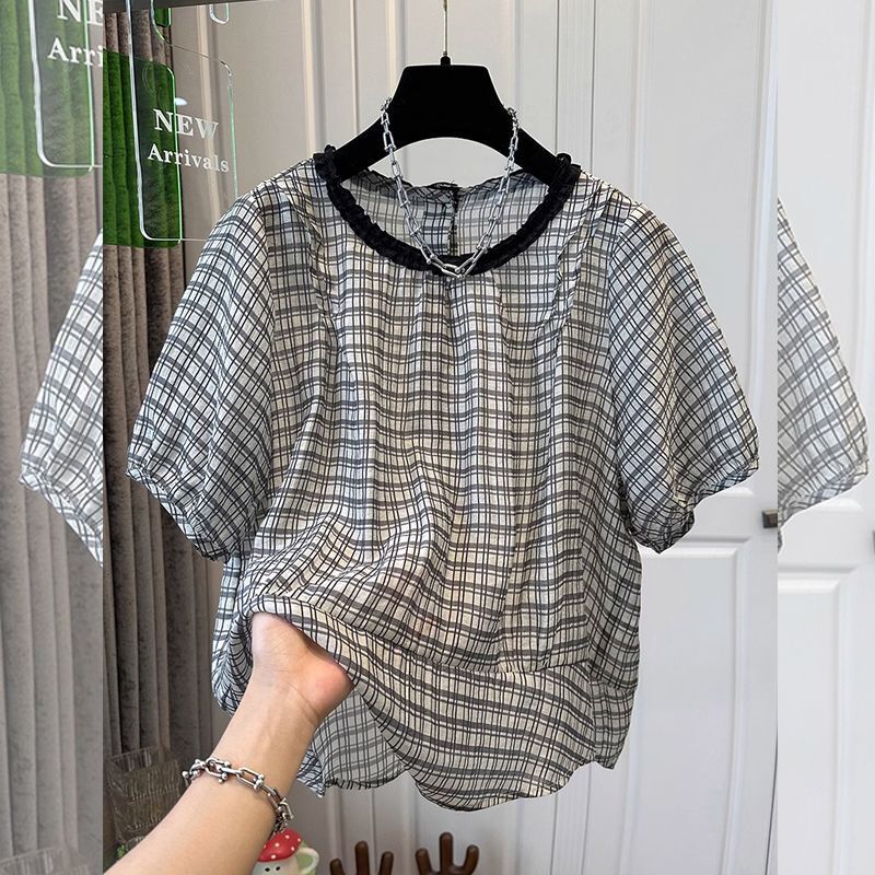 European Style Button-Back Doll Shirt with Puff Short Sleeves, Loose Age-Reducing Top, Summer Lace Plaid Plus-Size Shirt