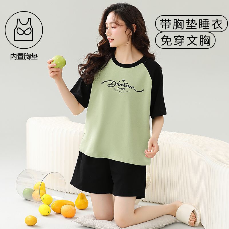Venta al por mayor transfronteriza verano nuevos pijamas de estilo caliente para mujer, correa de algodón de imitación, almohadilla para el pecho, pantalones cortos de manga corta, traje casual