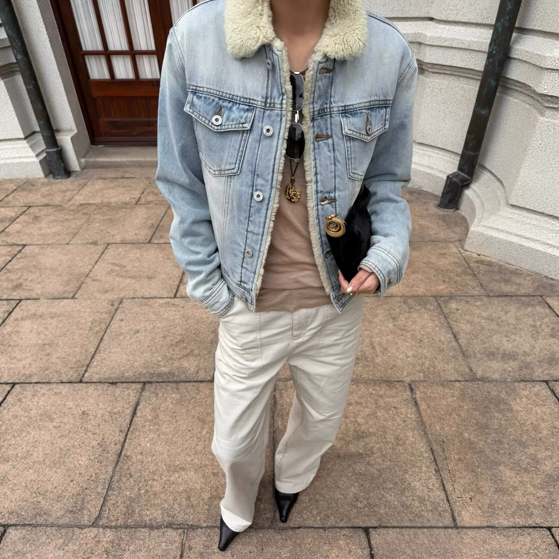 秋冬新款格纹内里加厚羊羔毛夹棉牛仔水洗复古棉服夹克外套女5023