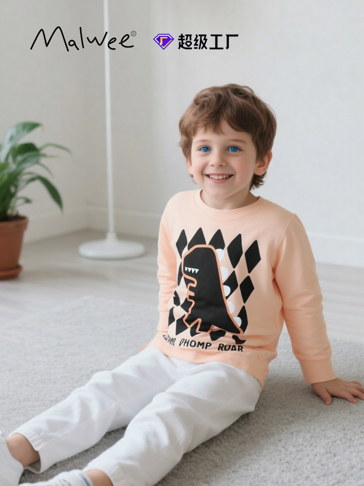 Malwee transfronterizo camiseta de cuello redondo para niños otoño y invierno nuevo estilo europeo y americano camiseta de niños pequeños guapo chaqueta de otoño