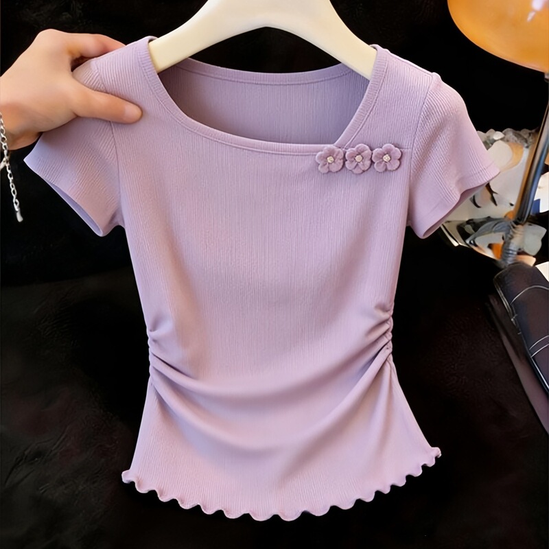 Cross-Border In-Stock Purple Dopamine Short-Sleeve T-Shirt for Women, New Summer Style, Slim Fit