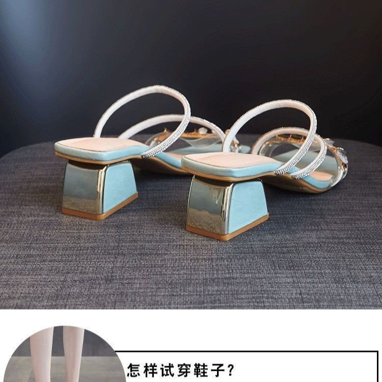 2026 verano nuevo diamante zapatillas de tacón medio zapatillas de tacones altos de moda zapatillas de tacones gruesos mujeres