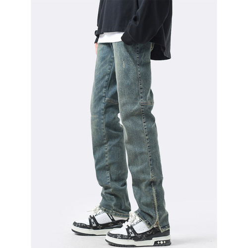 Jeans for men's spring high street vibe fashion brand retro, old, washed zipper, slim, straight casual pants