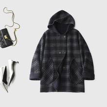 小个子专宠学院英伦风格纹连帽羊毛双面呢大衣外套冬 慵懒复古