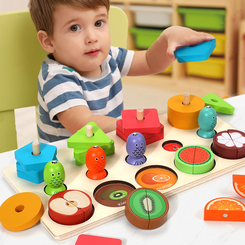 Personalizado para niños tres en uno multifunción abeja pesca magnética cinco juegos de madera de corte de fruta de columna juguetes educativos