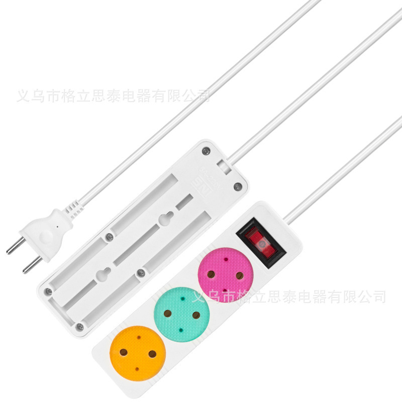 跨境欧式插板排插拖线板3位彩面3米带线欧标欧规插板插线板