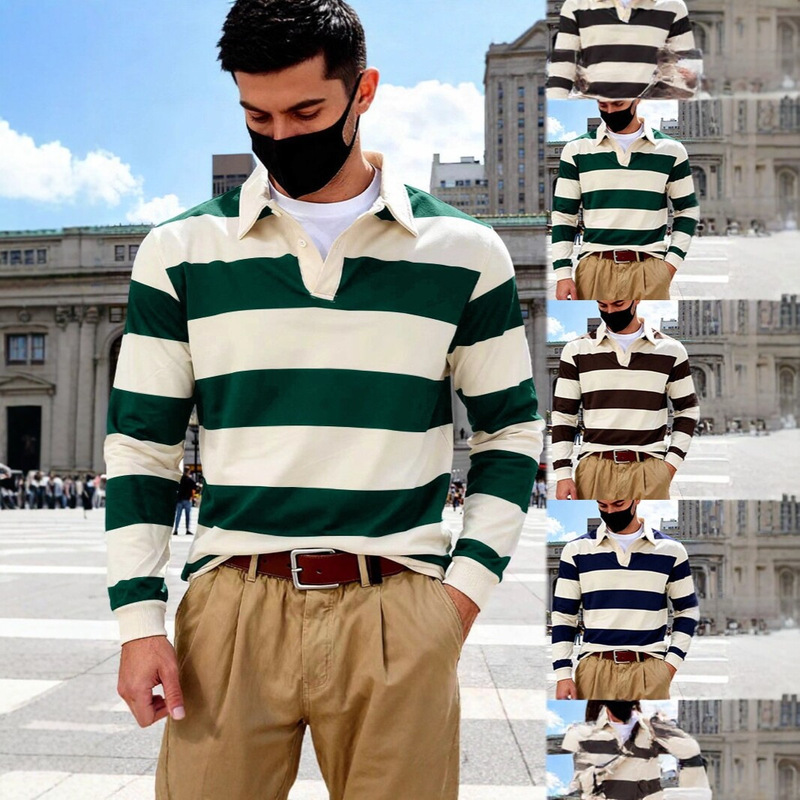 Cross-Border New American-Style Long-Sleeve Men's T-Shirt, Casual Loose Striped Polo Shirt, Men's Sweatshirt, Trendy and Versatile