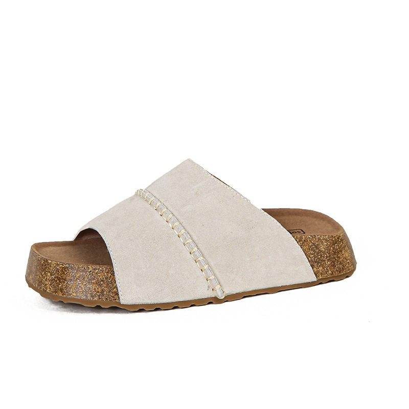 Dép sandal nữ quai ngang đế dày bằng gỗ bần, mũi vuông, đi ngoài trời — Màu khoai môn, Màu vàng gừng, Màu xám nhạt