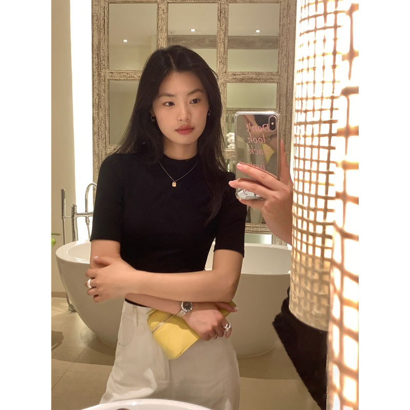 pusumede 半高领黑色短袖T恤女春秋半袖打底衫修身显瘦针织上衣|undefined