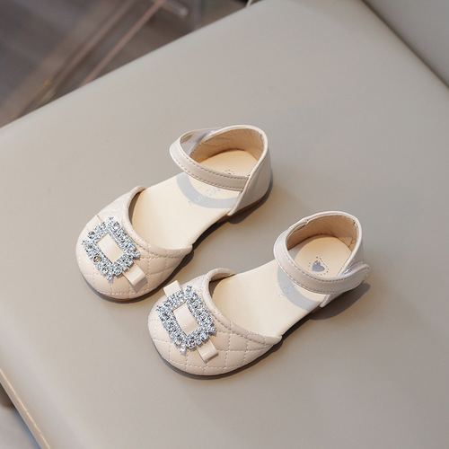 Korean version of girls' princess shoes 2024 spring and summer new children's fashion leather shoes baby soft sole rhinestone dance shoes