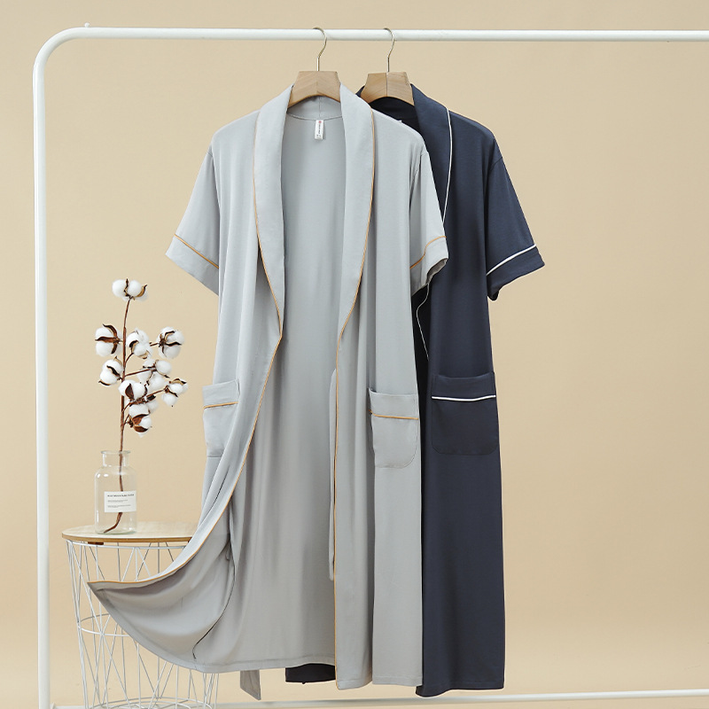 Yixuan Bathrobe Men's Short-Sleeved Long Spring and Autumn Thin Men's Nightgown Modal Cotton Pajamas Bathrobe XXXXL Large Size Rc