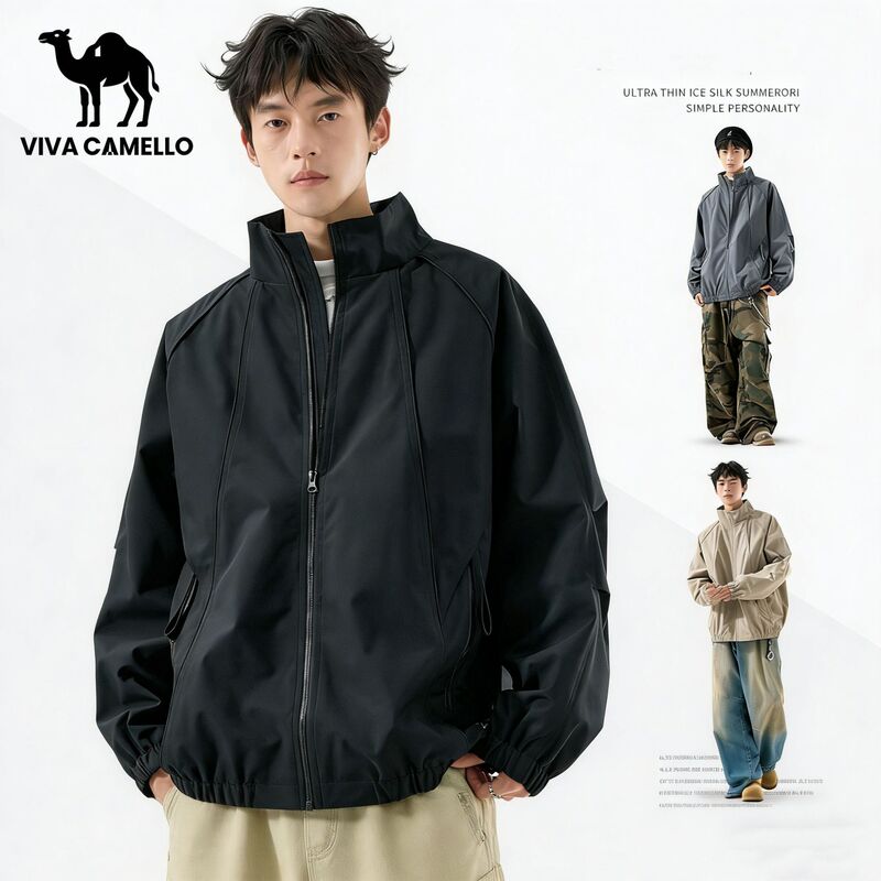Viva Camello Men's Lightweight Outdoor Jacket with Stand Collar for Spring and Autumn, American Style Trendy Brand Short Jacket Viva Camello Men's Lightweight Outdoor Jacket with Stand Collar for Spring and Autumn, American Style Trendy Brand Short Jacket