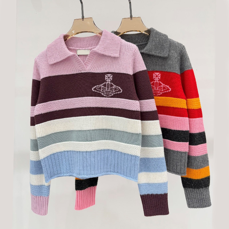 Nanyou Women's Autumn and Winter New Lapel Long Sleeve Rainbow Striped Sweater Pure Age-Reducing Curled Old Knitted Sweater