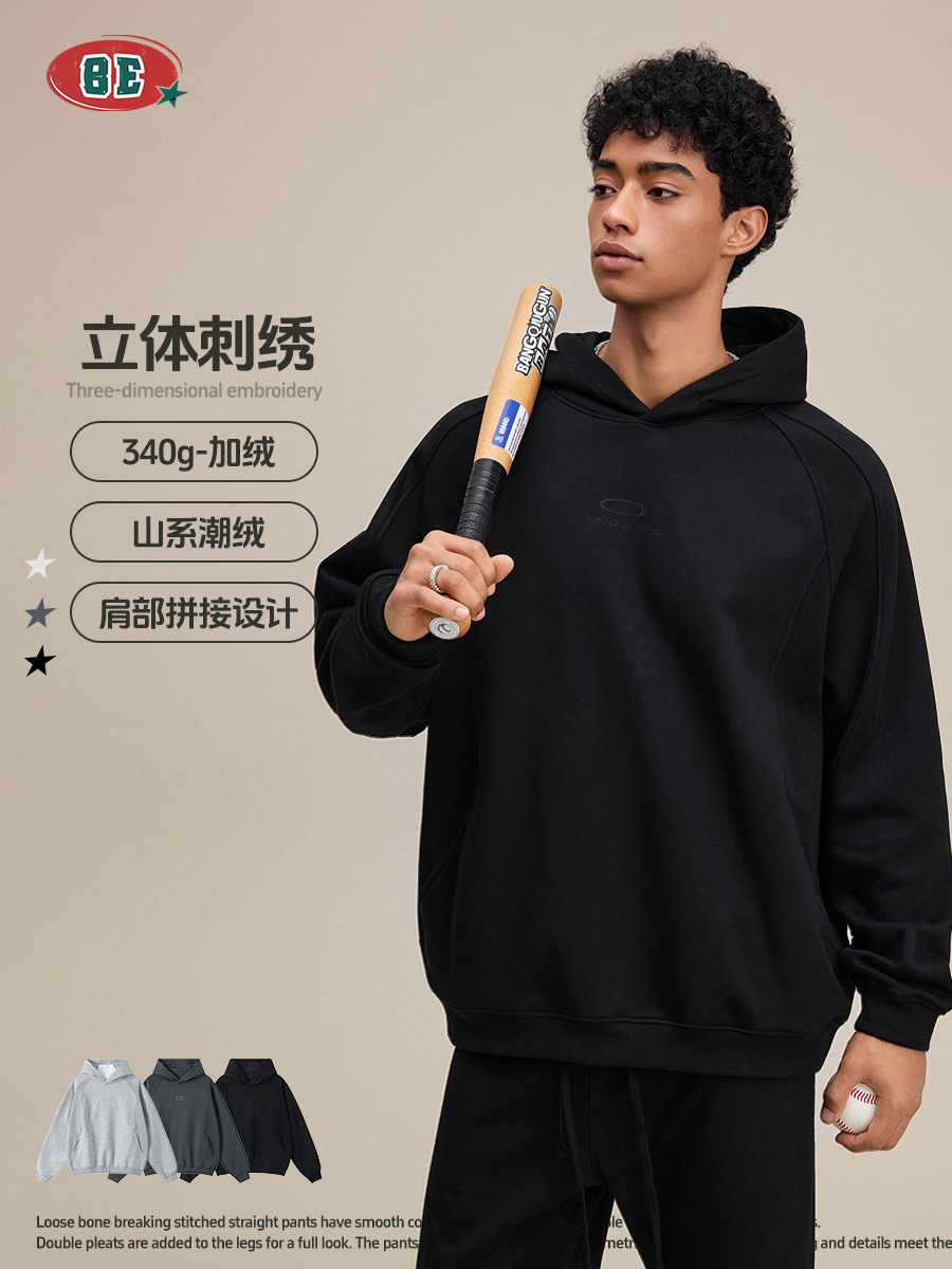 BE ropa de hombre otoño / invierno 2025 marca de moda americana bordada de terciopelo de moda empalmado chaqueta con sombrero suelta casual camisa con sombrero de manga larga para hombre image 3