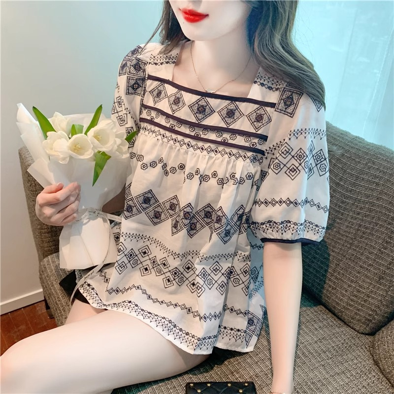 气质方领衬衫女夏季复古印花设计感时尚减龄休闲百搭宽松上衣外贸