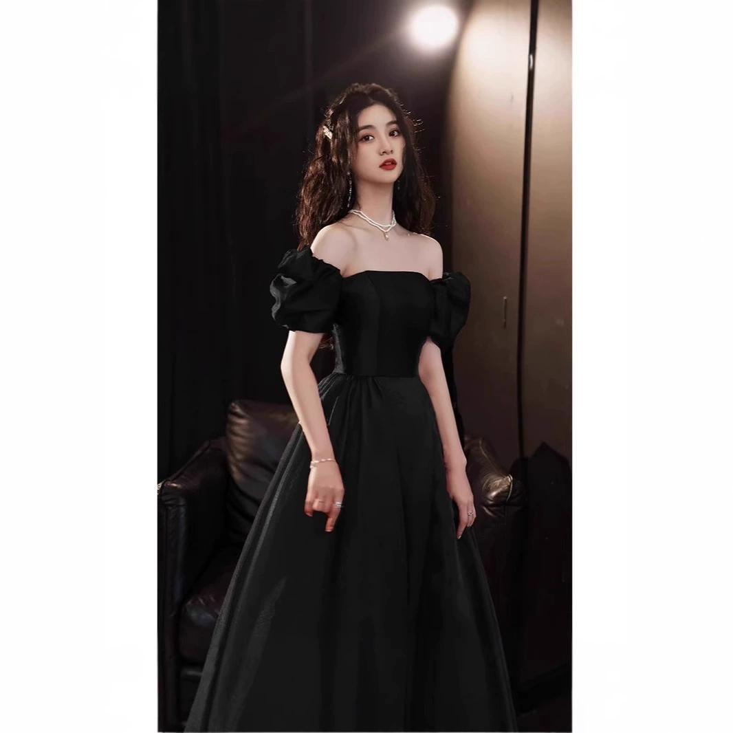 Black evening dress, long skirt, high-end, french style