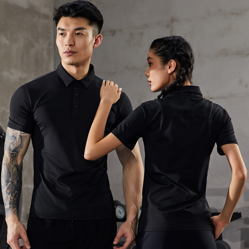 Fitness Clothes Men's Quick-Drying High-Elastic Milk Silk Tights Sports Short-Sleeved Training T-Shirts Lapel Overalls