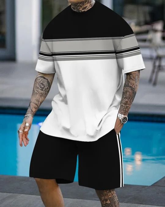 Comercio exterior europeo y americano Amazon 2025 nuevo estilo casual a juego de color manga corta cuello redondo camiseta pantalones cortos traje ME5 MA04