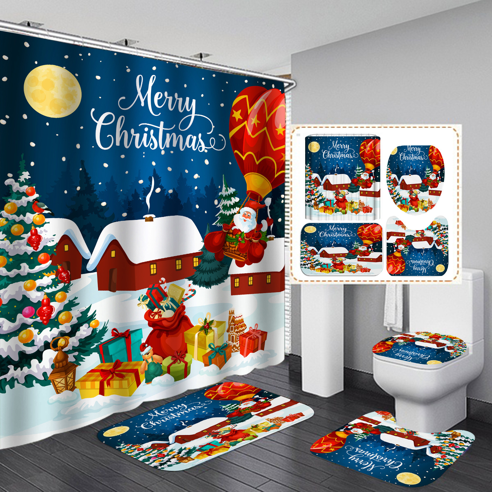 Cortina de ducha de poliéster impermeable con estampado navideño rojo, cortina de ducha creativa con diseño digital 3D, estilo americano y europeo, suministro directo transfronterizo del fabricante