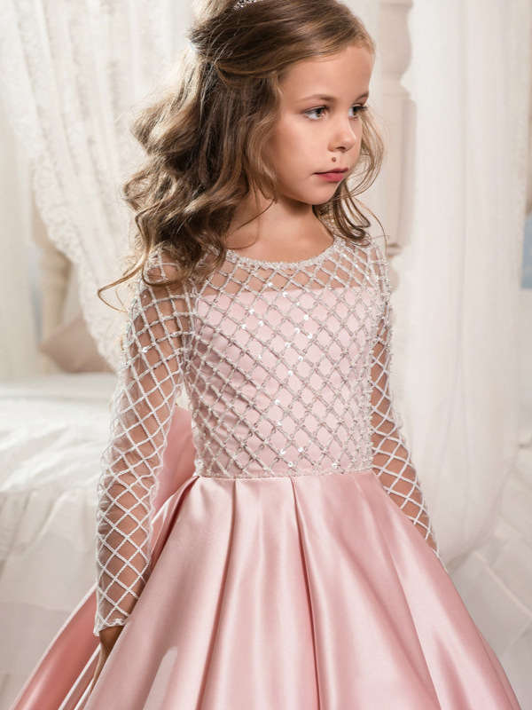 Comercio exterior transfronterizo nueva ropa para niños vestido para niños niñas encaje satén arco pequeño vestido de princesa de niña de flores