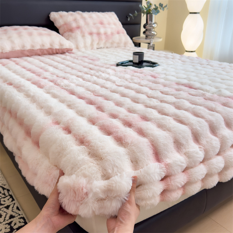 Thickened Rabbit Plush Bed Hat Single-piece Warm Winter fleece-lined Double Bed Single Set Full-inclusive Mattress Protector Cover Three-piece Set