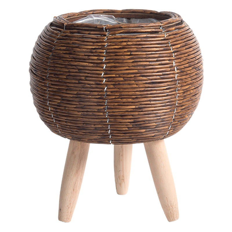 Estilo nórdico ratán creativo maceta soporte de paja cesta de flores sala de estar balcón piso soporte de flores decoración de escritorio