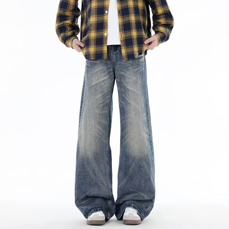 Hy711 Multi-Layered Whiskered Distressed Washed Straight Wide-Leg Jeans Men's American Retro Loose Versatile Pants