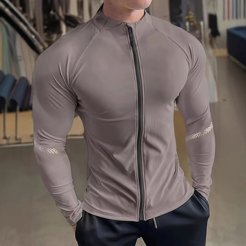 Cross-Border New Muscle Sports Fitness Men's Casual Exercise Running Elastic Quick-Drying Slim Zipper Long-Sleeved European Size