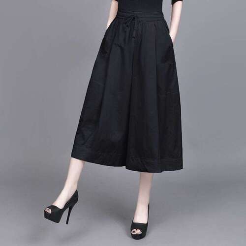 Design-Driven, Niche-Style Women's Loose Wide-Leg Pants with Elastic Waist: Summer Cropped Pants, Elegant Culottes, Casual Trousers