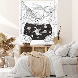 跨境专供 北欧简约手绘黑白大金鱼宇航员印花挂毯 装饰背景布
