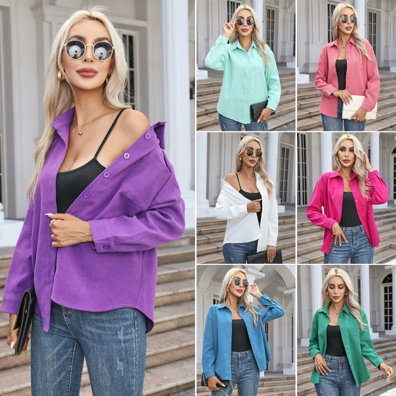 Обработка на заказ трансграничной европейской и американской осенне-зимней повседневной рубашки с лацканами и длинным рукавом, Женский Свободный Топ