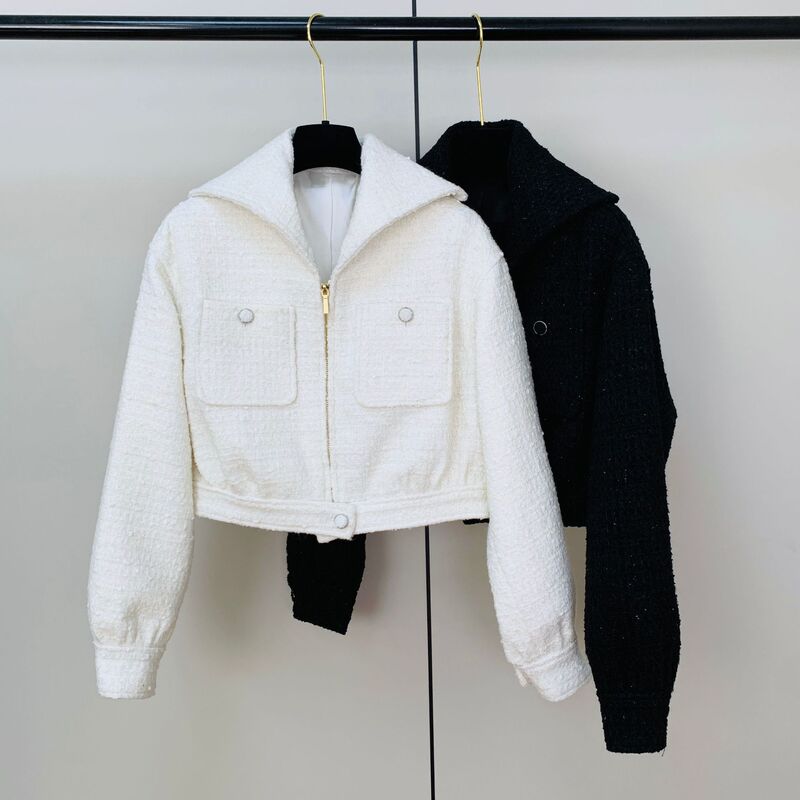 French-Style Woven Navy Collar Tweed Short Jacket for Women, Elegant and Classy, Chanel-Inspired Silhouette, Zip-Up Jacket