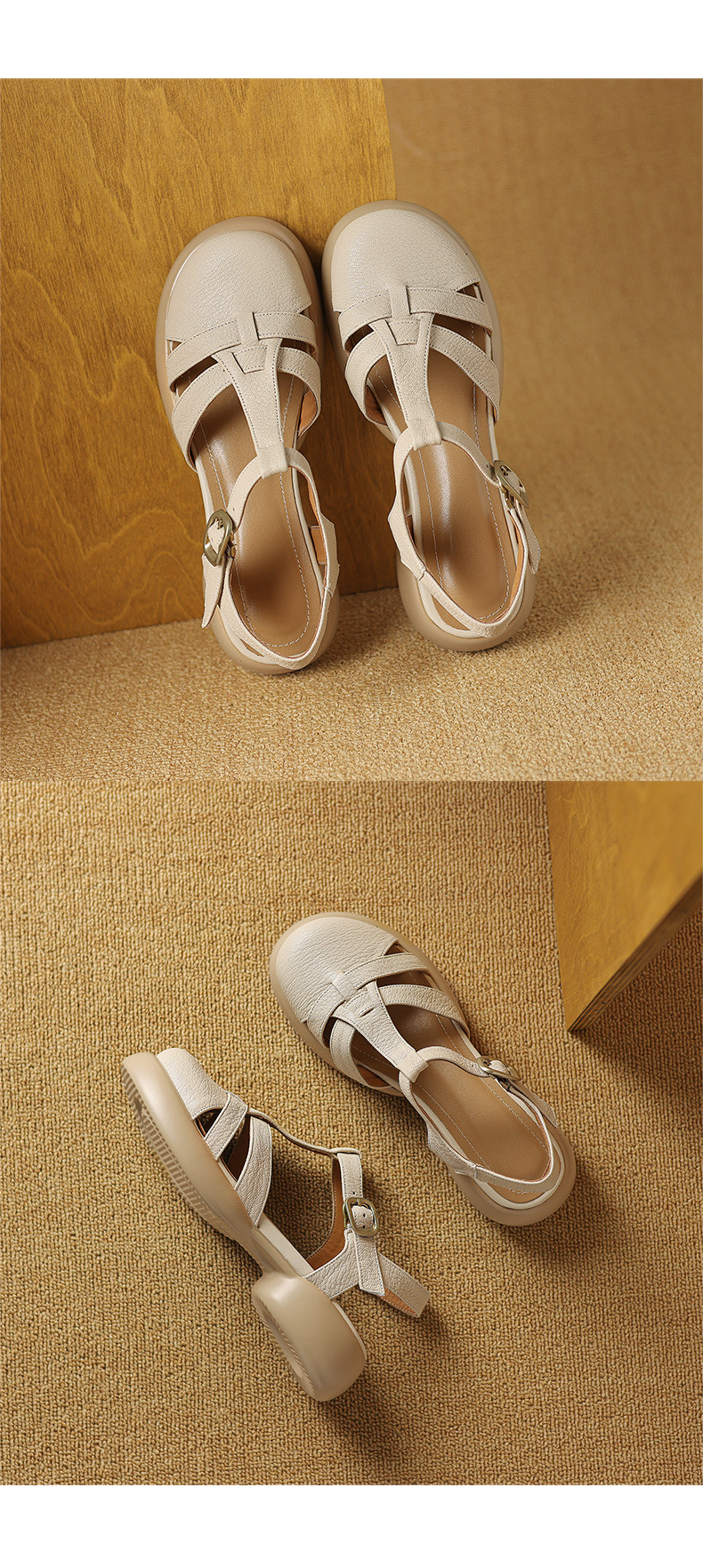 Sandal nữ da cừu mũi kín đế dày gót vuông khóa chữ T phong cách La Mã — Màu trắng be chi tiết 17