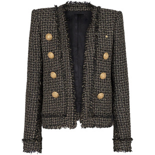 Spot 2025 European and American Star Fashion New Gold Thread Plaid Tweed Tassel Edge Cardigan Jacket