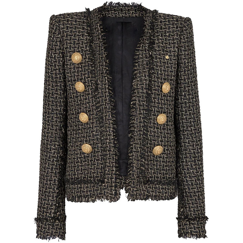 High Street Fashion 2026 Early Spring New Style High-End Gold Thread Plaid Tweed Fringe-Trimmed Cardigan Jacket