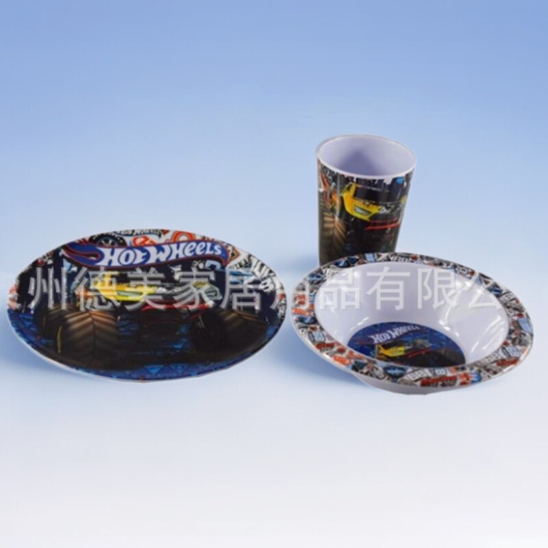 Reusable Melamine Children's Plates, Bowls, and Cups Plastic Tableware Three-Piece Set Packaging in European and American Ins Style