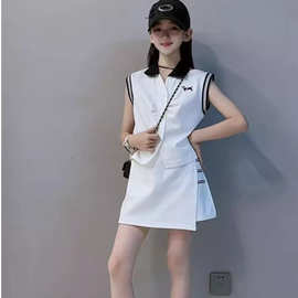 女童夏季时髦套装2025新款儿童洋气POLO衫无袖夏装韩系裙裤两件套