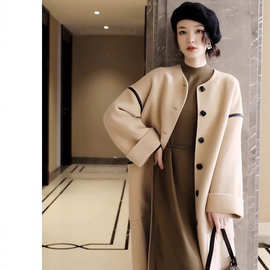 毛呢外套女中长款冬季气质时尚百搭羊毛无领呢子大衣长袖羊毛羊绒